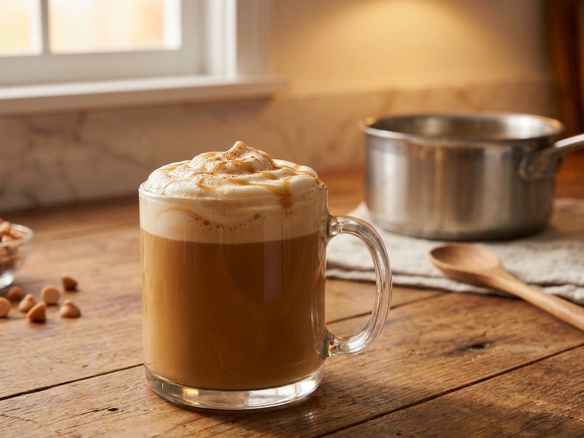 A clear glass mug of homemade butterbeer with a thick creamy foam cap on a wooden kitchen counter, warm natural light