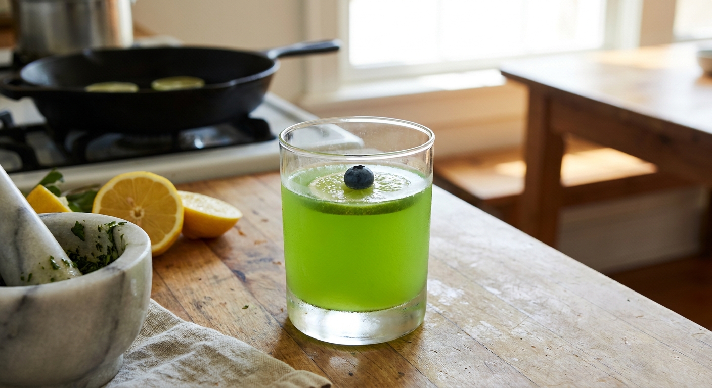 A clear glass of bright green citrus punch on a kitchen counter with a blueberry floating in the center like an eye, condensation on the glass, soft natural light
