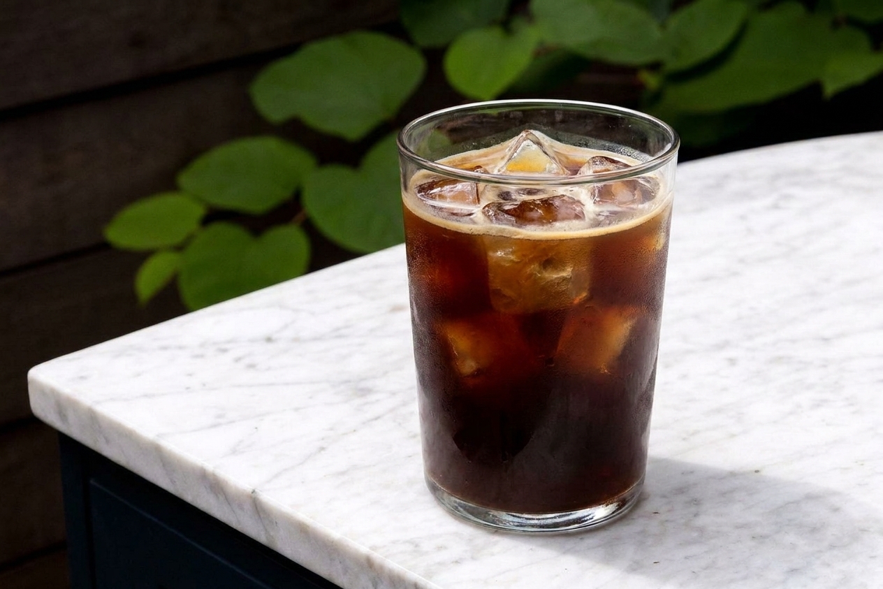 A clear glass of iced Americano with large ice cubes on a stone countertop with soft kitchen light