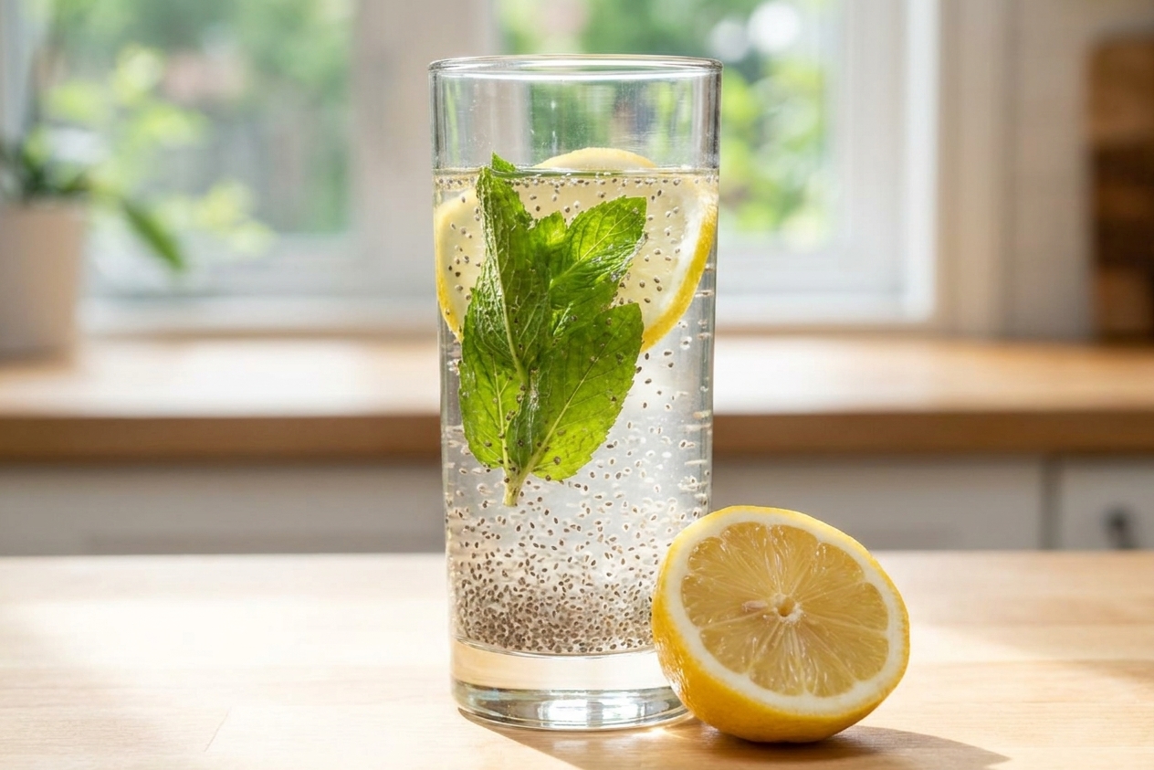 A clear glass of lemon chia water with hydrated chia seeds suspended evenly, sitting on a bright kitchen counter with a lemon half nearby