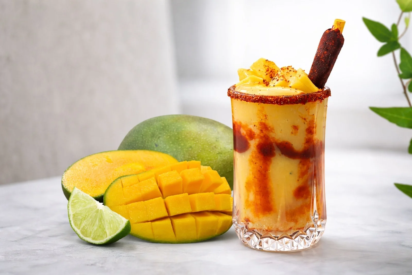 A clear glass of mangonada with a bright mango slush, chamoy swirls running down the inside, a Tajín chili-lime rim, and a tamarind candy straw on a sunlit kitchen counter