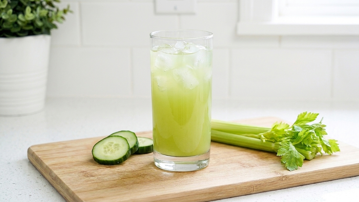 A clear glass of pale green cucumber celery juice filled with ice cubes on a kitchen counter