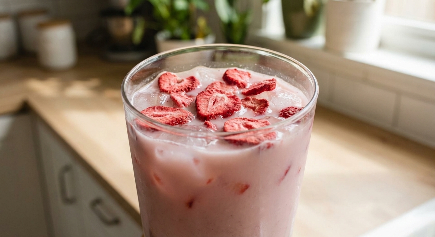A clear glass of pale pink strawberry coconut drink with ice cubes and floating freeze-dried strawberry slices on a light kitchen counter, natural window light, shallow depth of field