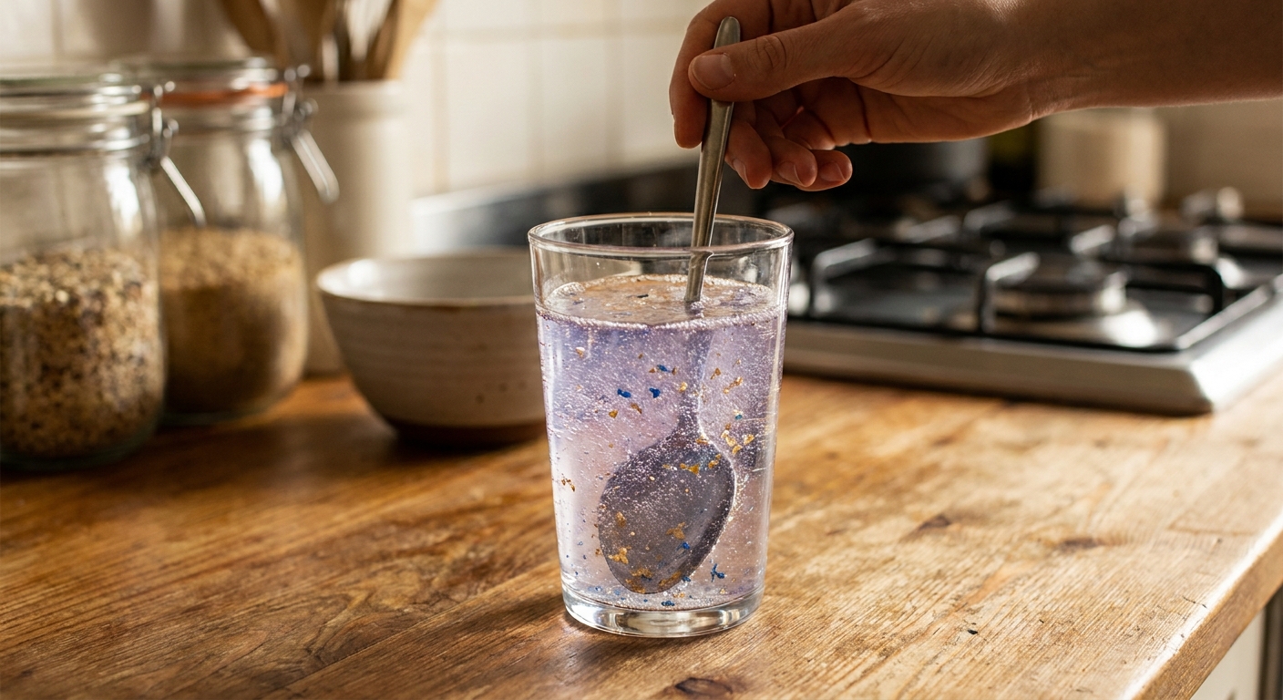 A clear glass of sparkling potion drink being stirred with a spoon as edible shimmer swirls through the liquid on a kitchen counter