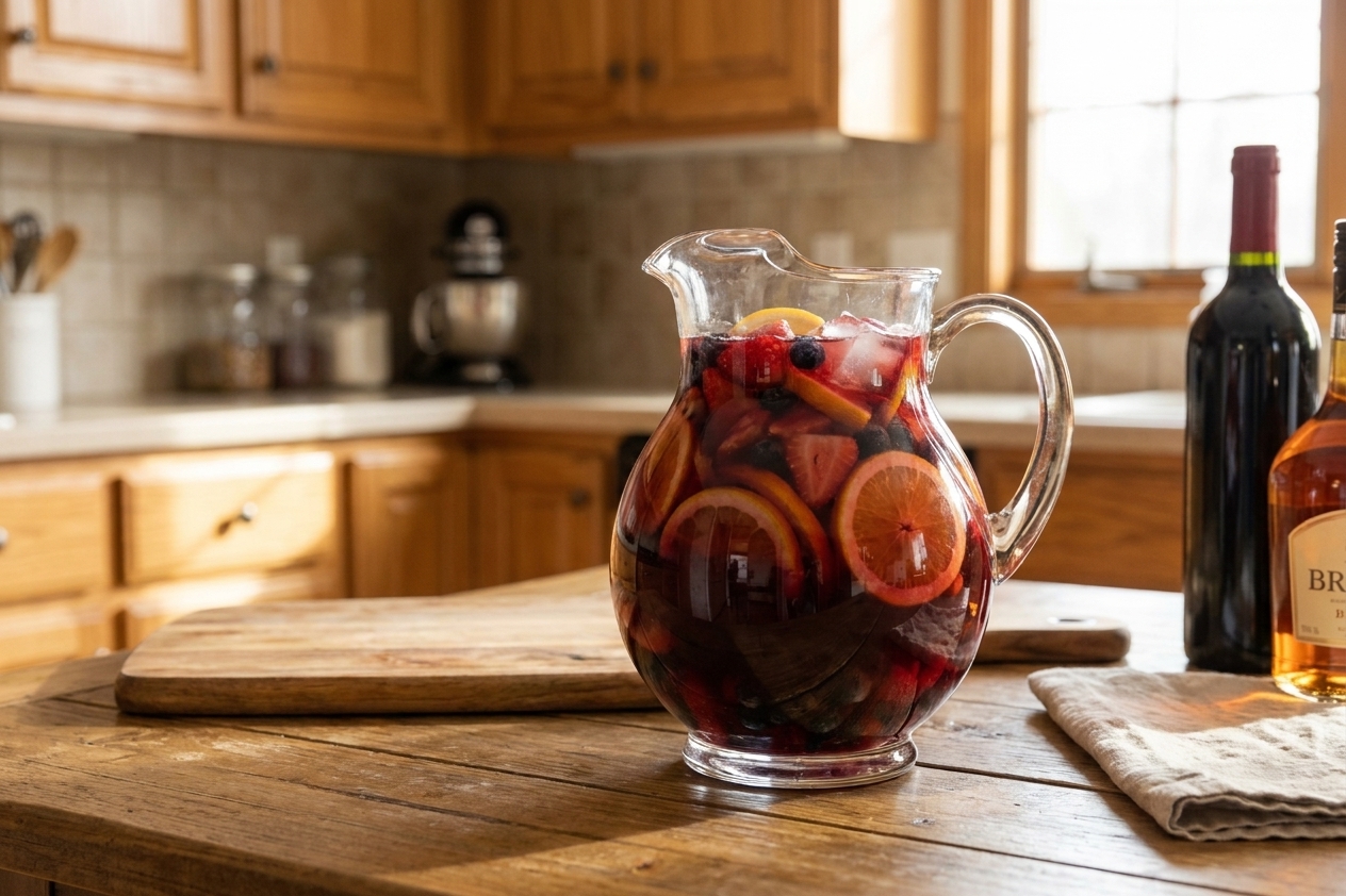 A clear glass pitcher filled with deep red sangria, orange and lemon slices, berries, and ice on a bright kitchen table with sunlight