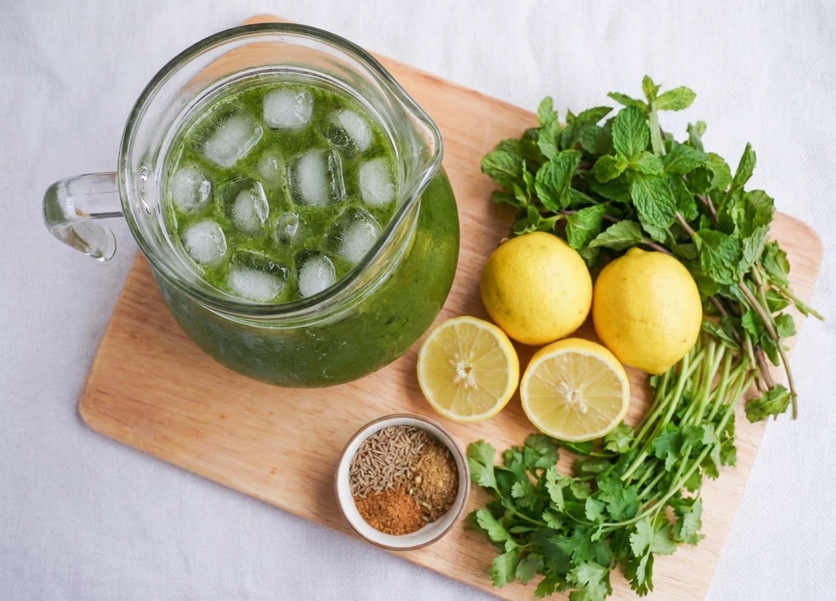 A clear glass pitcher filled with green mint cilantro pani and ice sitting on a kitchen counter beside lemons and fresh herbs
