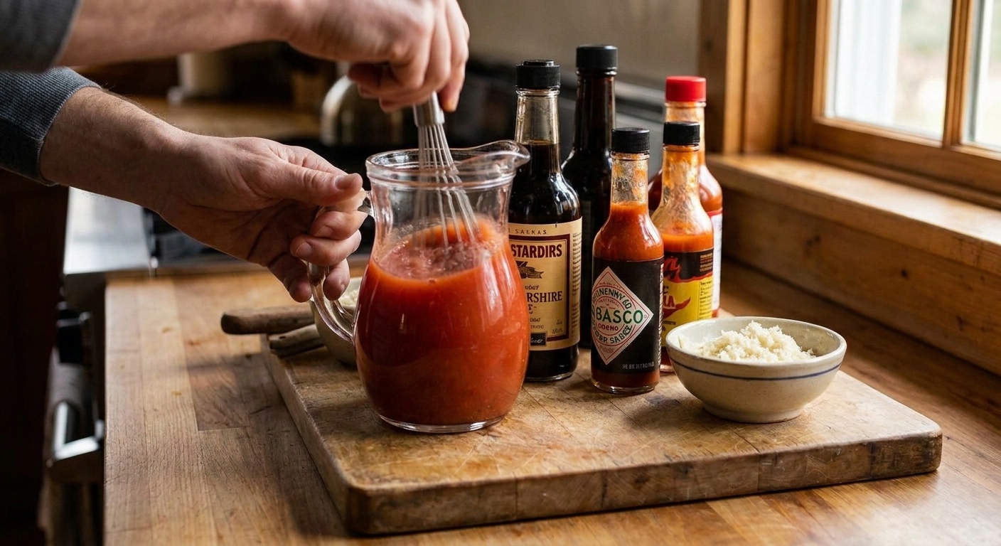 A clear glass pitcher of Bloody Mary mix being whisked until smooth on a kitchen counter