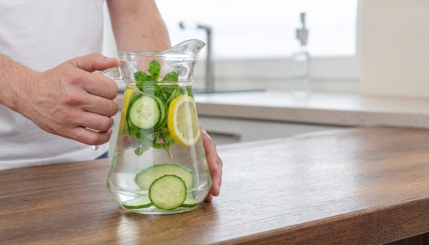 A clear glass pitcher of cucumber water with thin cucumber rounds, lemon slices, and fresh mint on a bright kitchen counter with natural window light