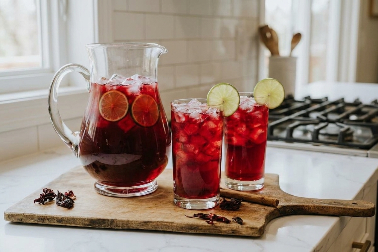 A clear glass pitcher of deep ruby agua de jamaica with ice and lime wheels on a bright kitchen counter, with two matching glasses beside it