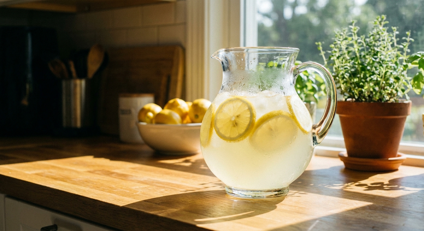 A clear glass pitcher of homemade lemonade with lemon slices and ice on a sunny kitchen counter, condensation on the pitcher, natural light