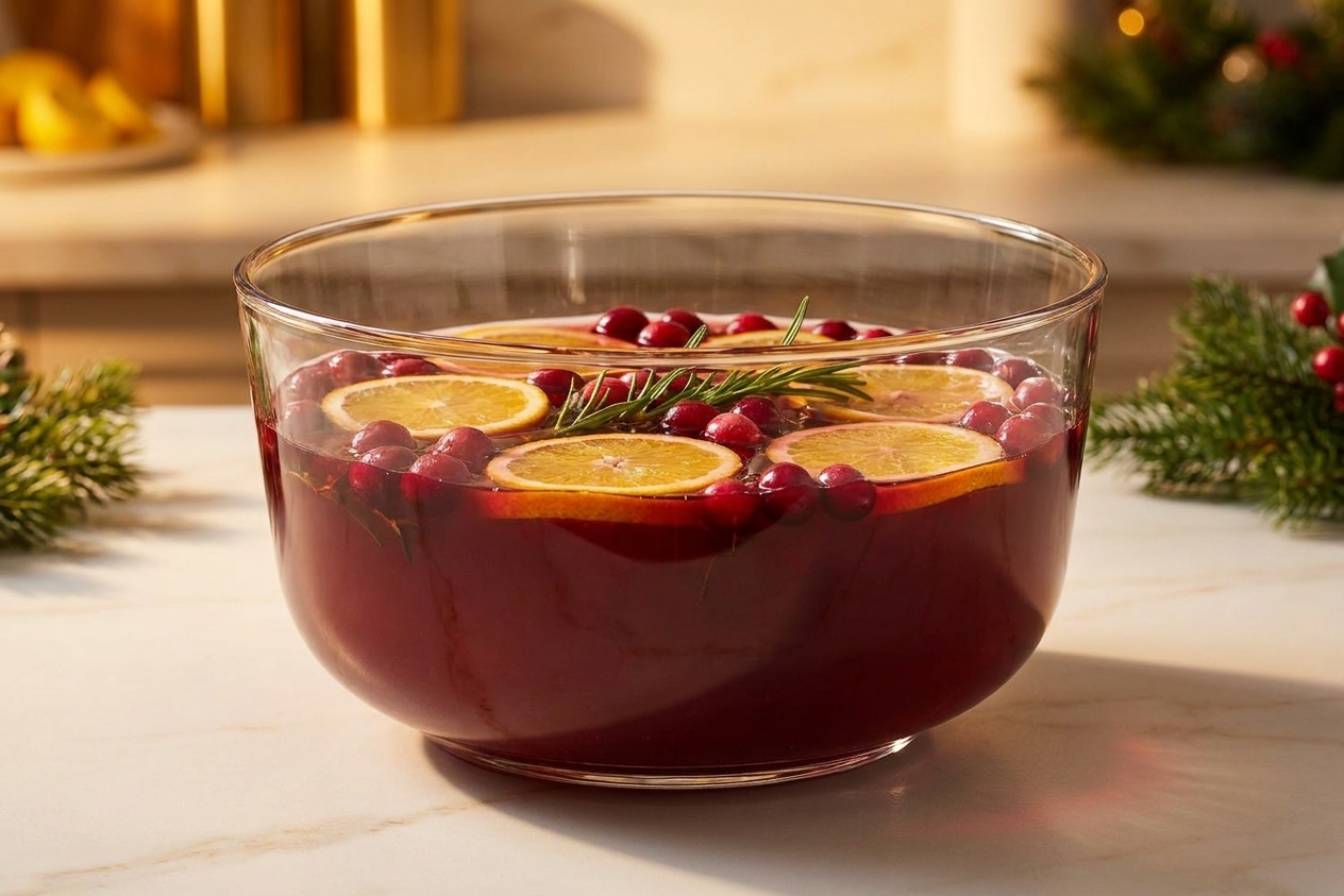 A clear glass punch bowl filled with ruby-red Christmas punch with floating orange slices, cranberries, and rosemary sprigs on a warm kitchen counter with soft holiday lighting