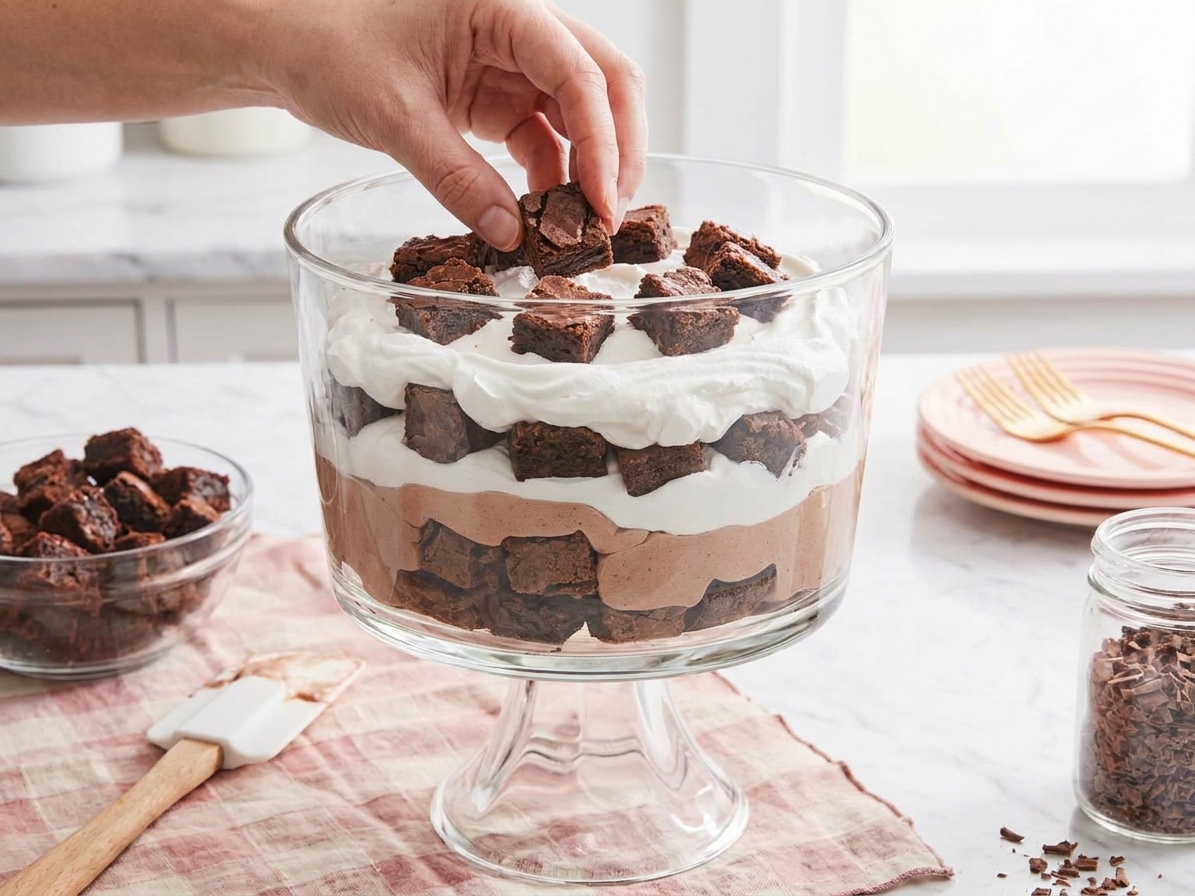 A clear glass trifle bowl with visible layers of brownie chunks, chocolate pudding, and whipped cream being assembled on a kitchen counter