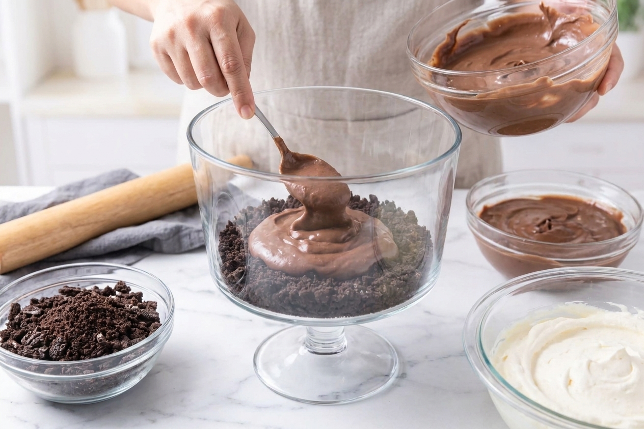 A clear glass trifle dish being filled with alternating layers of creamy chocolate filling and crushed cookie crumbs