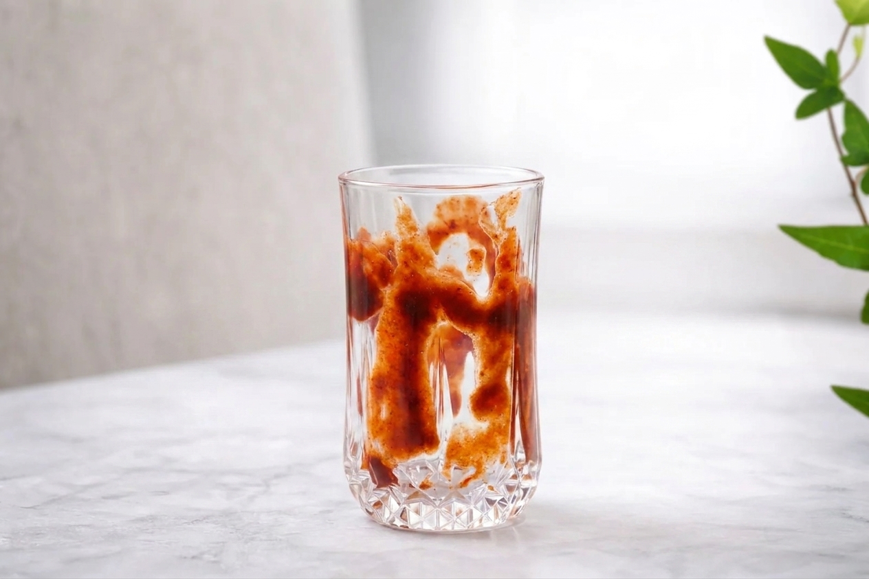 A clear glass with chamoy smeared in swirls along the inside walls, sitting on a kitchen counter