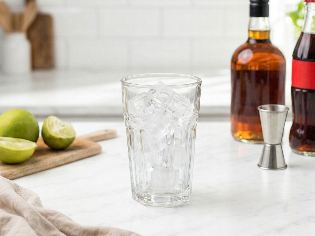 A clear highball glass filled to the top with ice cubes on a kitchen counter