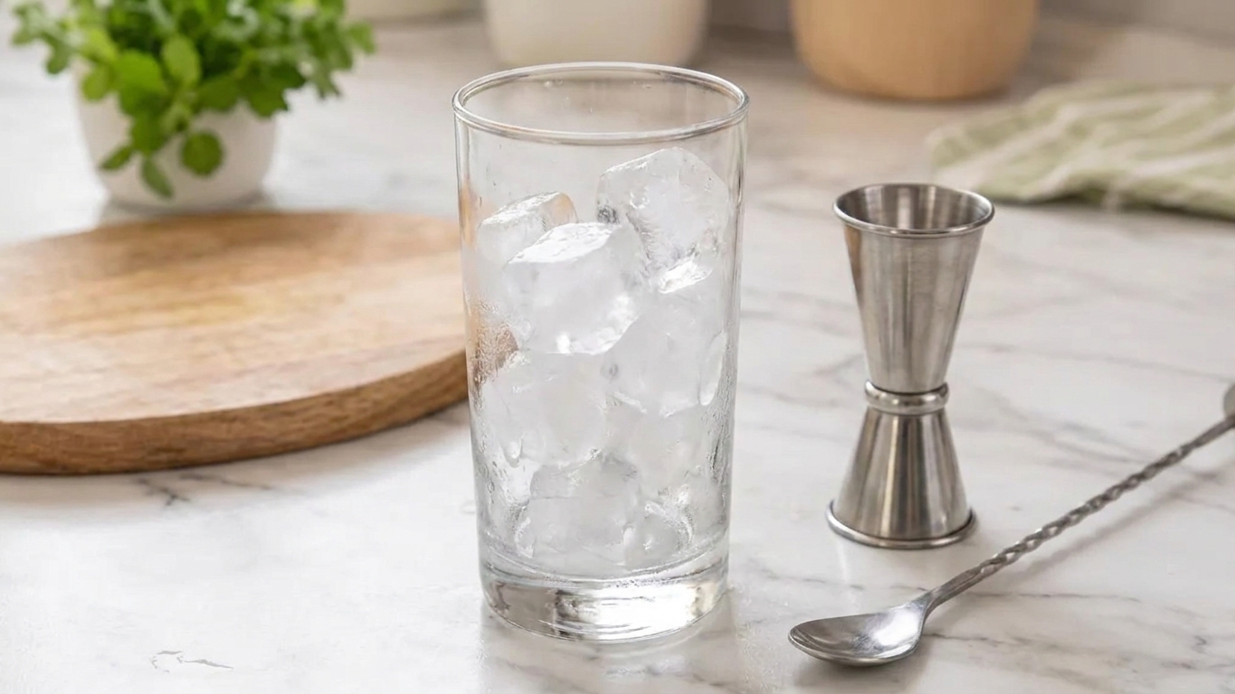 A clear highball glass filled with ice cubes next to a jigger and bar spoon on a kitchen counter