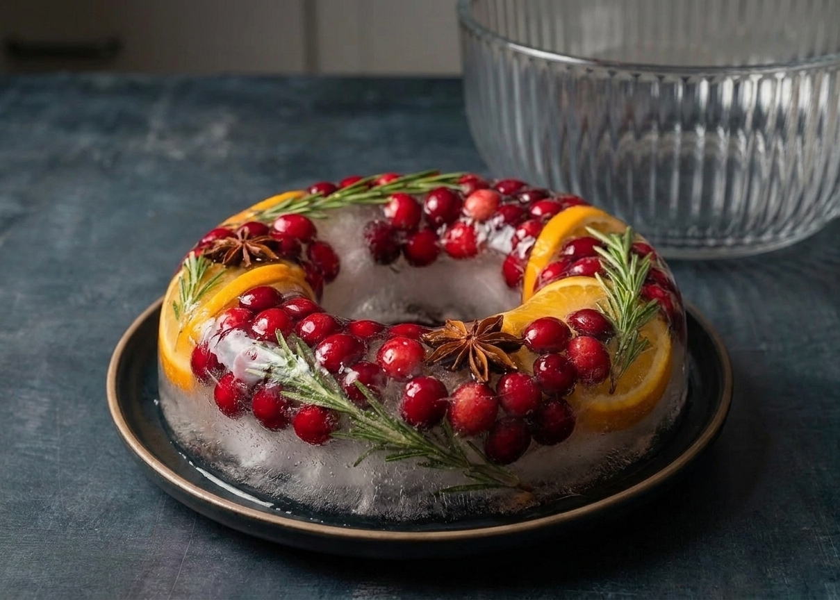 A clear ice ring studded with cranberries and rosemary sitting on a small plate, ready to add to a punch bowl