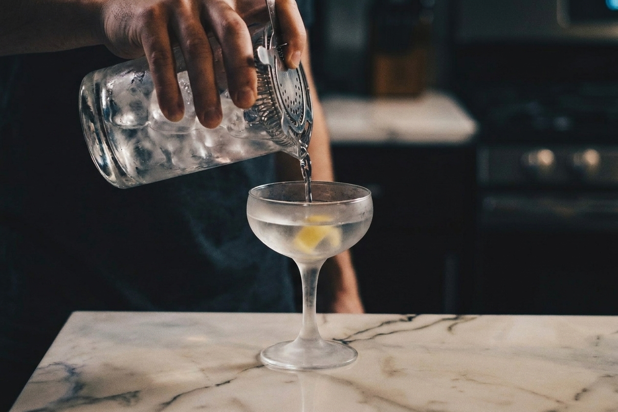 A clear martini being strained from a mixing glass into a chilled coupe glass on a stone countertop