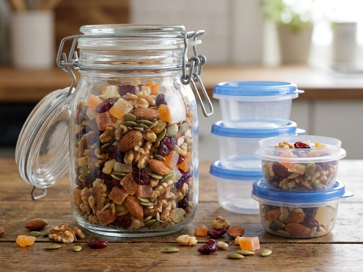 A clear mason jar filled with homemade trail mix sitting on a kitchen counter next to a stack of small snack containers