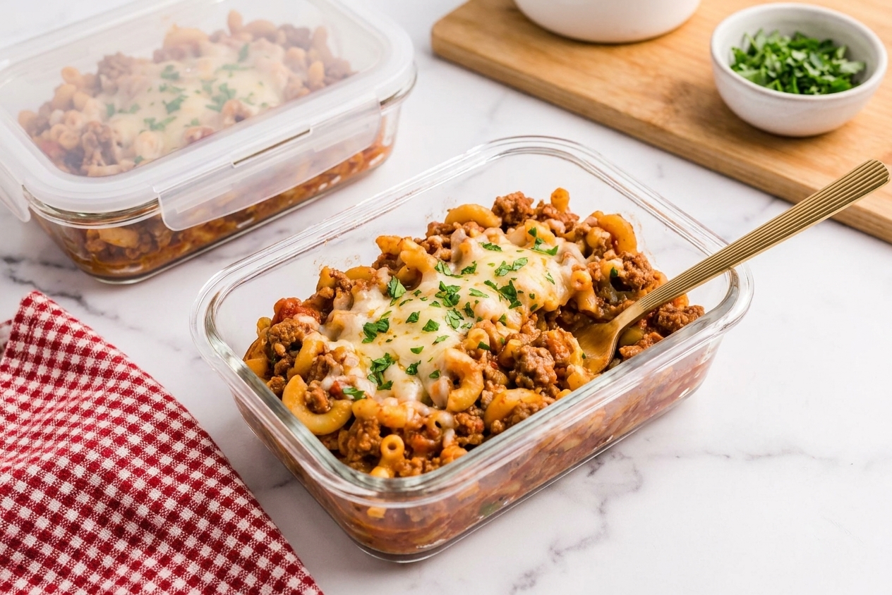 A clear meal prep container filled with leftover old fashioned goulash on a kitchen counter next to a lidded container