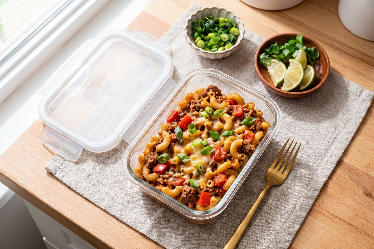 A clear meal prep container filled with leftover taco pasta, lid set beside it on a kitchen counter