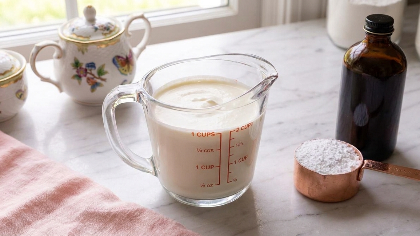 A clear measuring cup filled with cold heavy whipping cream on a kitchen counter beside a small bowl of sugar and a bottle of vanilla