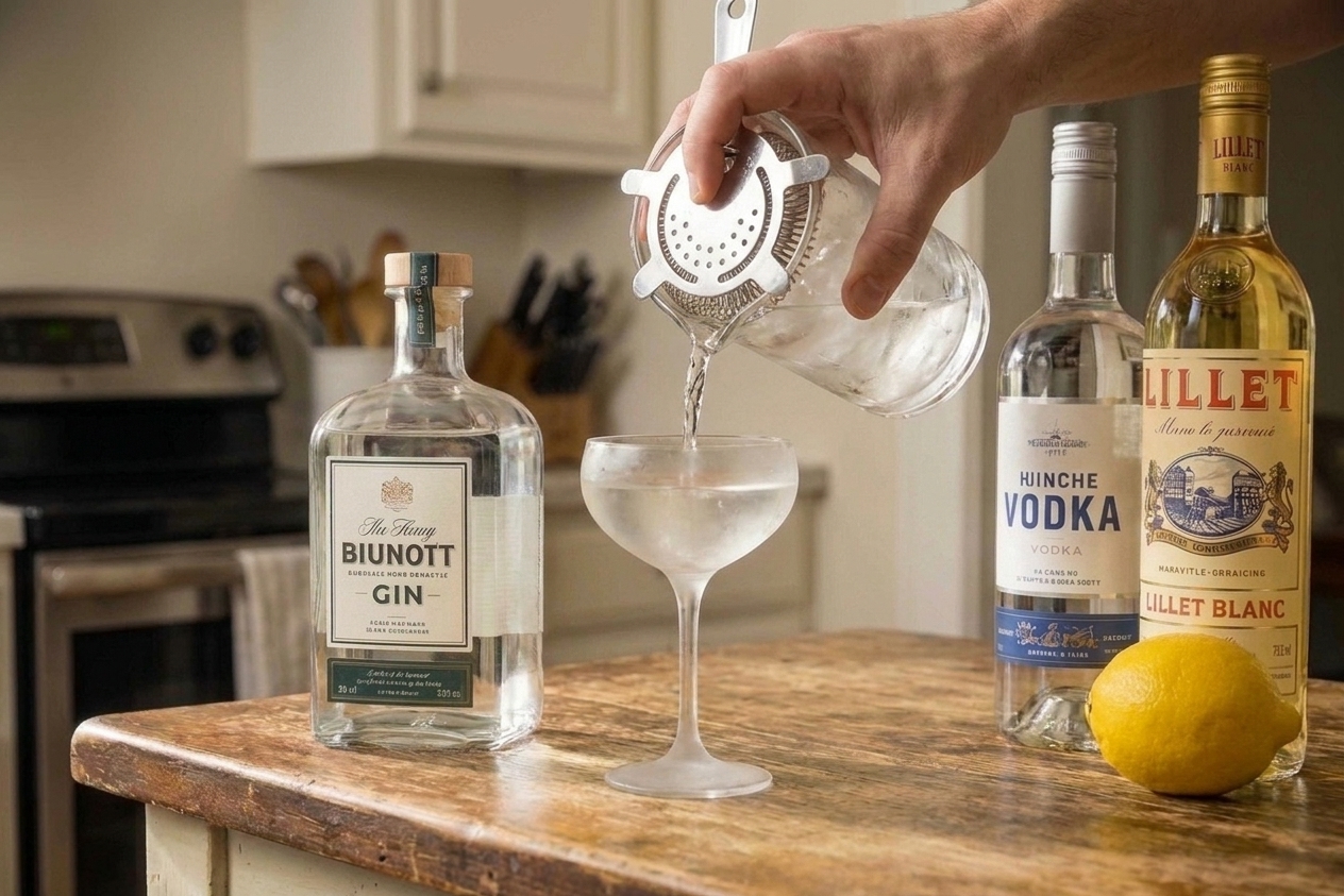 A clear, pale Vesper cocktail being strained from a mixing glass into a chilled coupe glass on a countertop