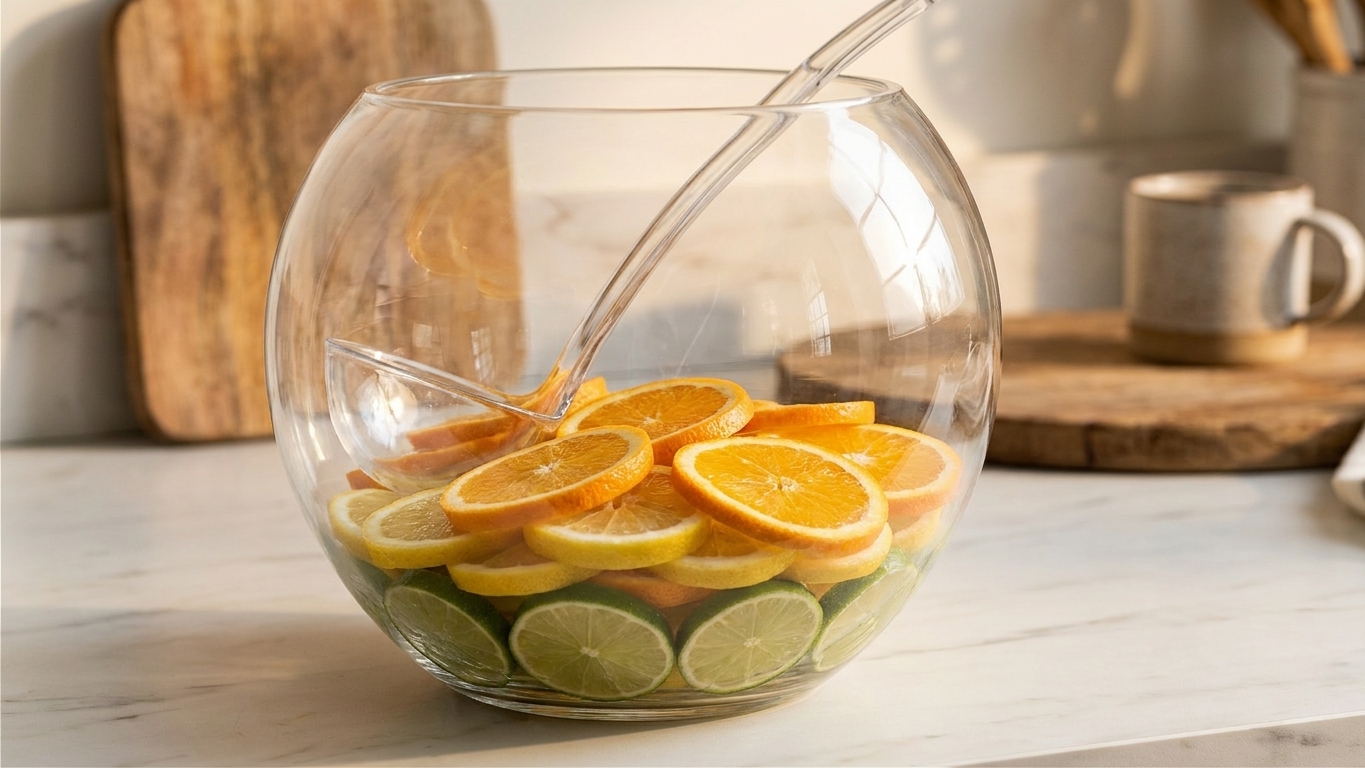 A clear punch bowl with sliced oranges, limes, and lemons layered at the bottom on a kitchen counter
