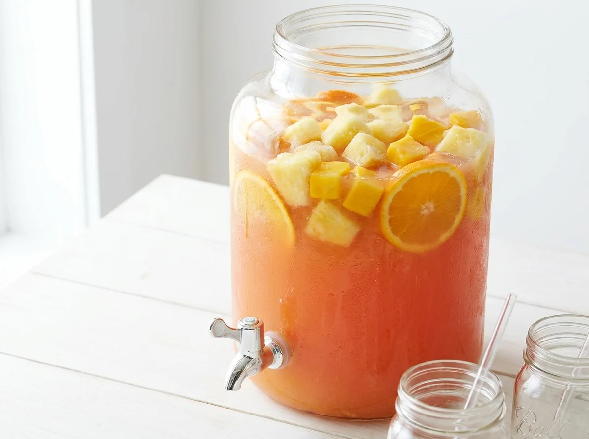 A clear punch dispenser filled with colorful jungle juice, floating citrus slices and berries, on a cozy kitchen counter with warm natural light