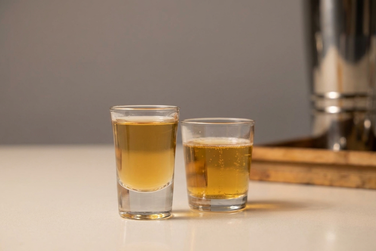 A clear shot glass filled with a light amber Vegas Bomb mixture set on a clean kitchen counter beside a small glass of energy drink, warm indoor lighting