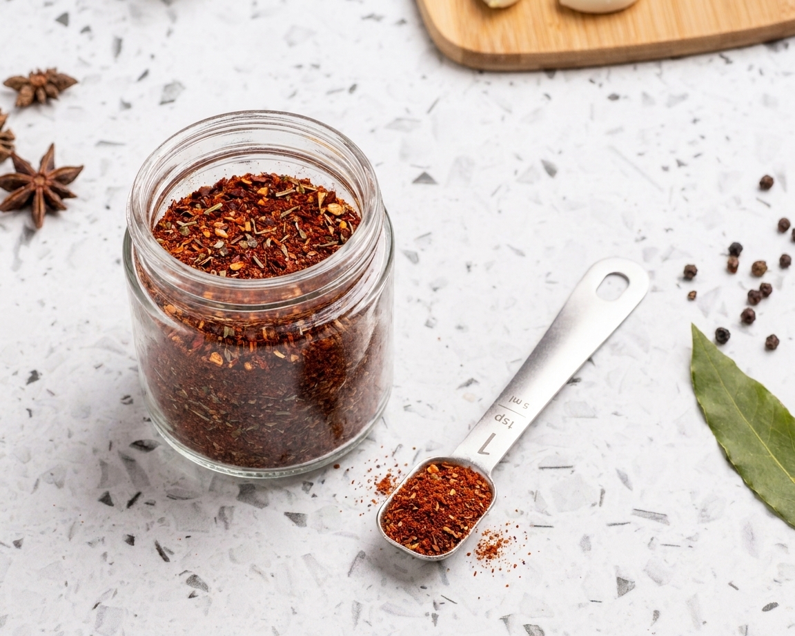 A clear spice jar filled with dark red homemade seasoning blend sitting on a kitchen counter next to a small spoon