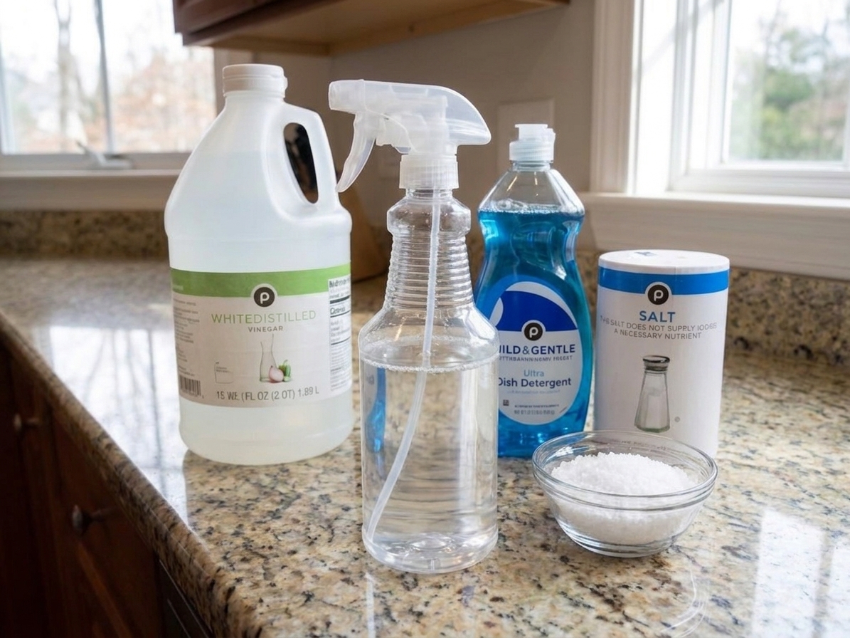 A clear spray bottle filled with homemade vinegar weed killer sitting on a bright kitchen counter next to white vinegar, a small bowl of salt, and a bottle of dish soap
