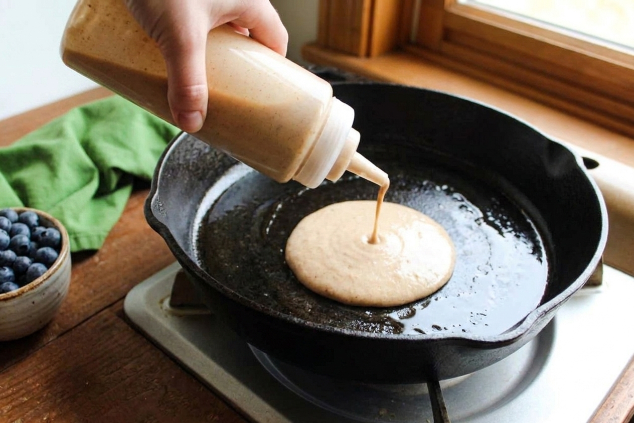 A clear squeeze bottle filled with smooth pancake batter being held over a preheated skillet