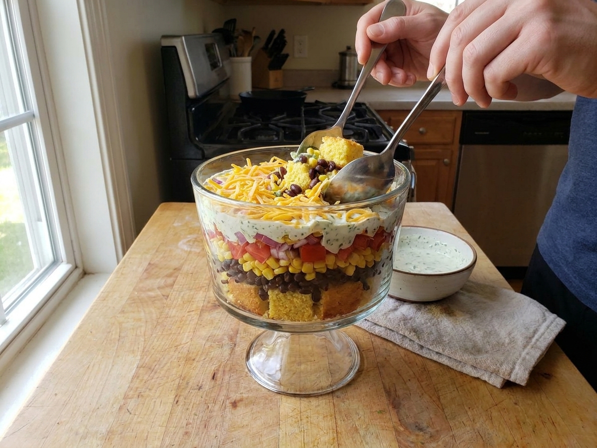 A clear trifle dish filled with layered cornbread salad on a wooden table with serving spoons nearby