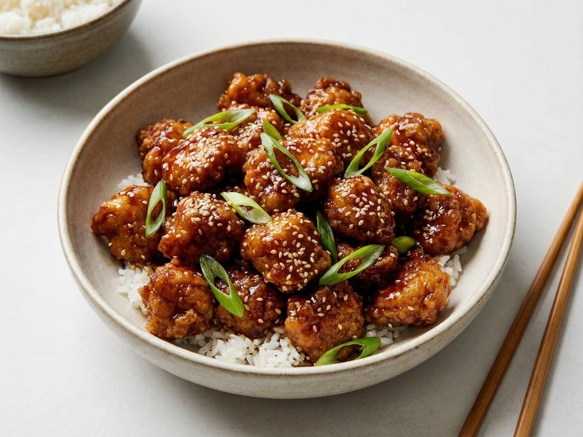 A close-up bowl of General Tso’s chicken over steamed white rice, topped with sesame seeds and sliced green onions on a neutral kitchen table