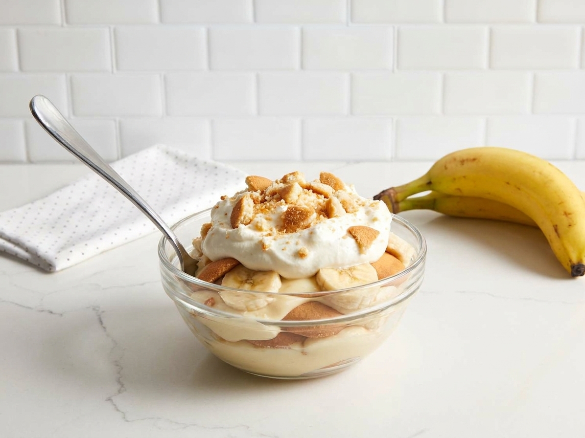 A close-up bowl of banana pudding with softened Nilla Wafers and banana slices, topped with whipped cream on a simple table setting