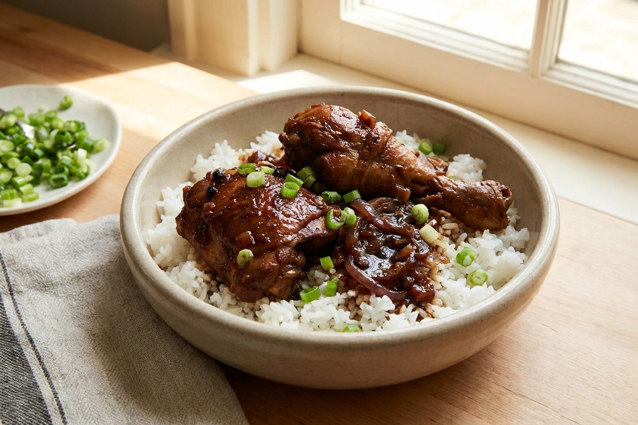 A close-up bowl of chicken adobo over white rice with glossy sauce spooned on top and scallions scattered over the surface