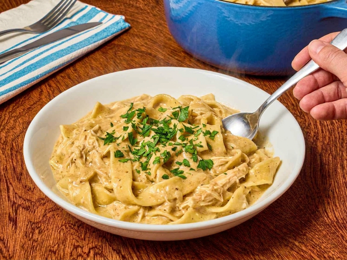 A close-up bowl of chicken and egg noodles in a creamy broth topped with chopped parsley on a dinner table