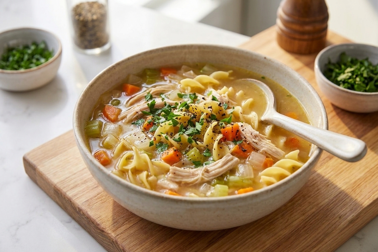 A close-up bowl of chicken noodle soup topped with chopped parsley and cracked black pepper on a simple table setting