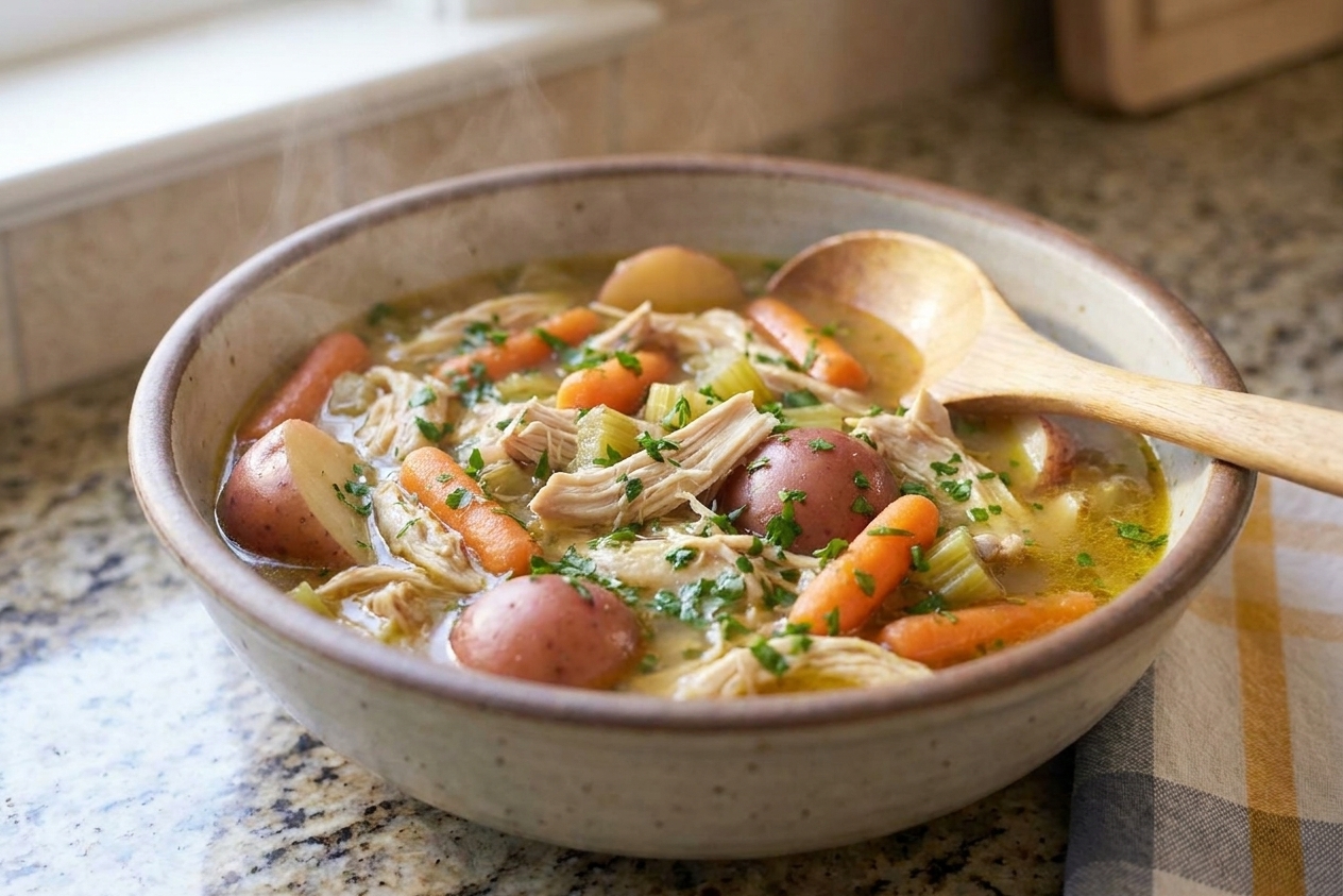 A close-up bowl of chicken stew with shredded chicken, potatoes, carrots, and parsley on top, spoon resting on the side