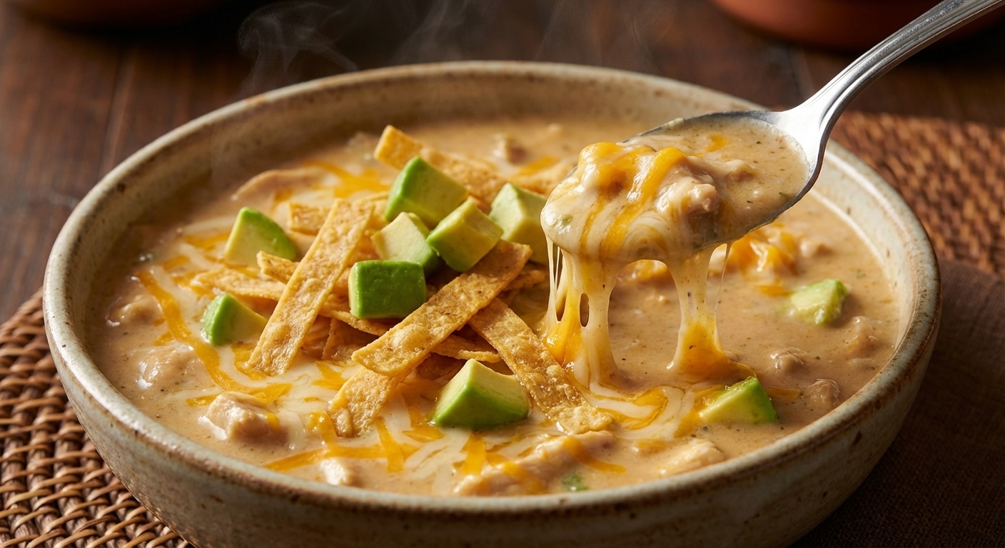 A close-up bowl of creamy chicken enchilada soup with melted cheese strands, topped with crunchy tortilla strips and diced avocado, with a spoon dipping into the thick soup, photorealistic food photography