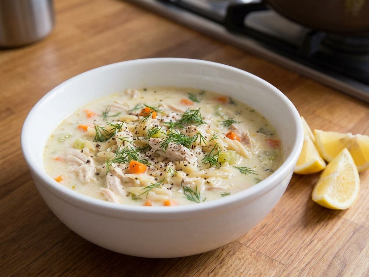 A close-up bowl of creamy lemon chicken orzo soup topped with fresh dill and cracked black pepper, lemon wedges on the side