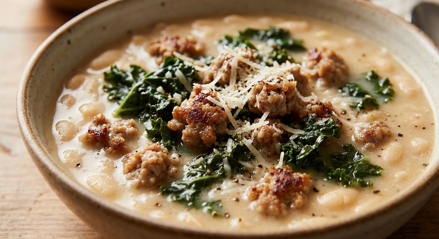 A close-up bowl of creamy white bean soup with crumbled sausage and kale, finished with grated Parmesan and cracked black pepper, shallow depth of field, photorealistic food photography