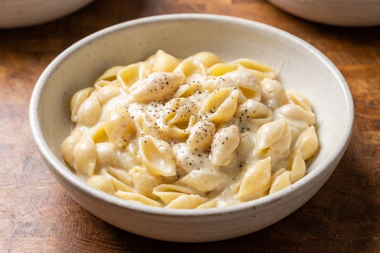 A close-up bowl of creamy white cheddar mac and cheese with glossy sauce and a sprinkle of black pepper on top