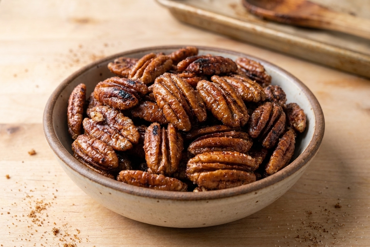 A close-up bowl of glossy sugar and spice pecans with caramelized edges on a warm-toned kitchen counter
