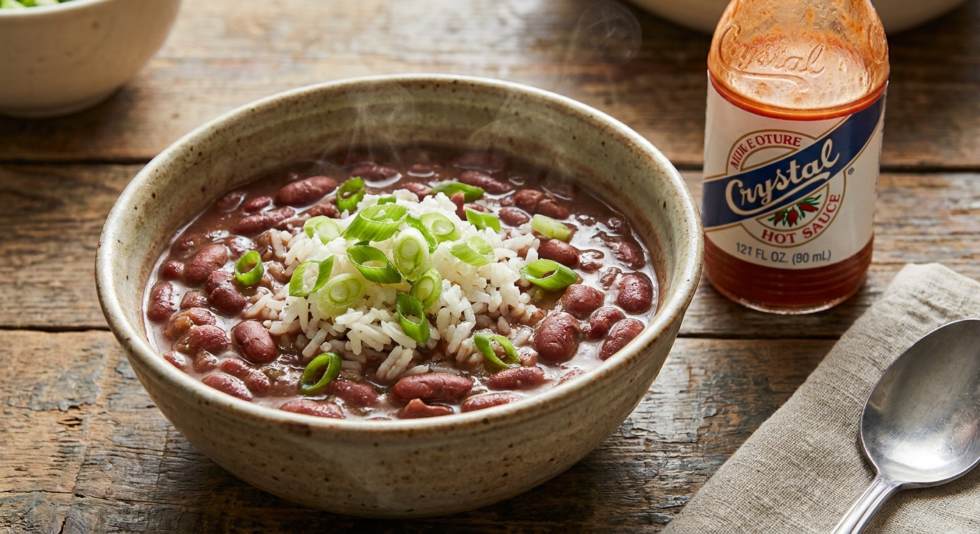 A close-up bowl of red beans and rice topped with sliced scallions and a bottle of hot sauce nearby, real food photography