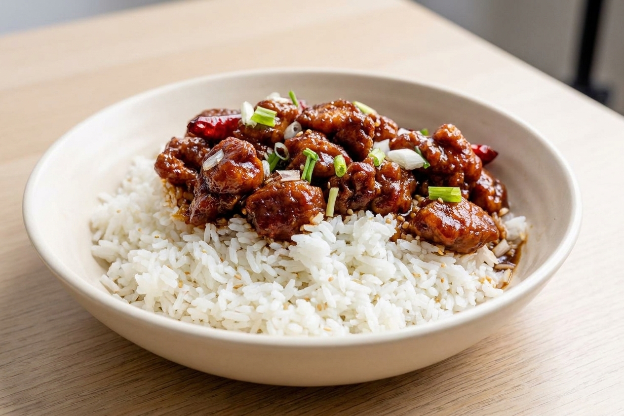 A close-up bowl of saucy crispy chicken over white rice topped with sliced scallions and sesame seeds on a simple dinner table
