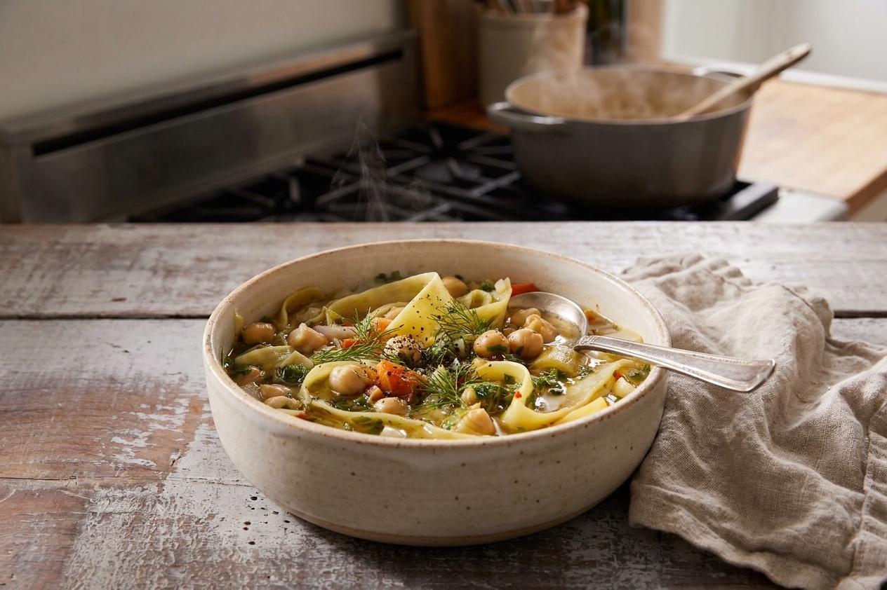 A close-up bowl of vegan chickpea noodle soup topped with fresh dill and cracked black pepper on a simple table setting with a spoon and napkin