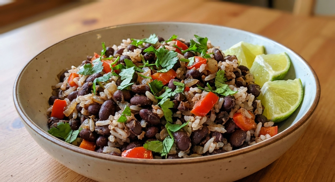 A close-up bowl of vegan gallo pinto topped with cilantro and served with lime wedges