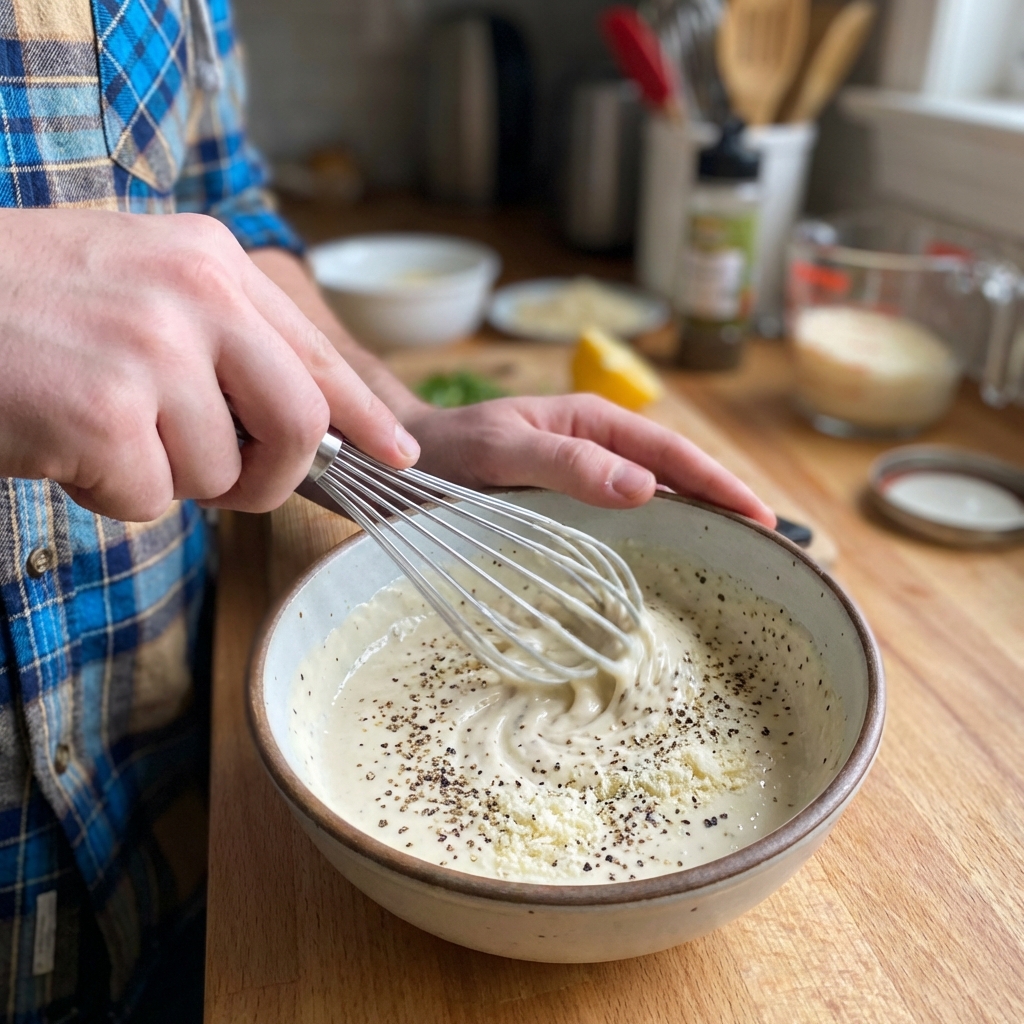 A close-up of Caesar dressing being whisked in a small bowl with black pepper and Parmesan visible